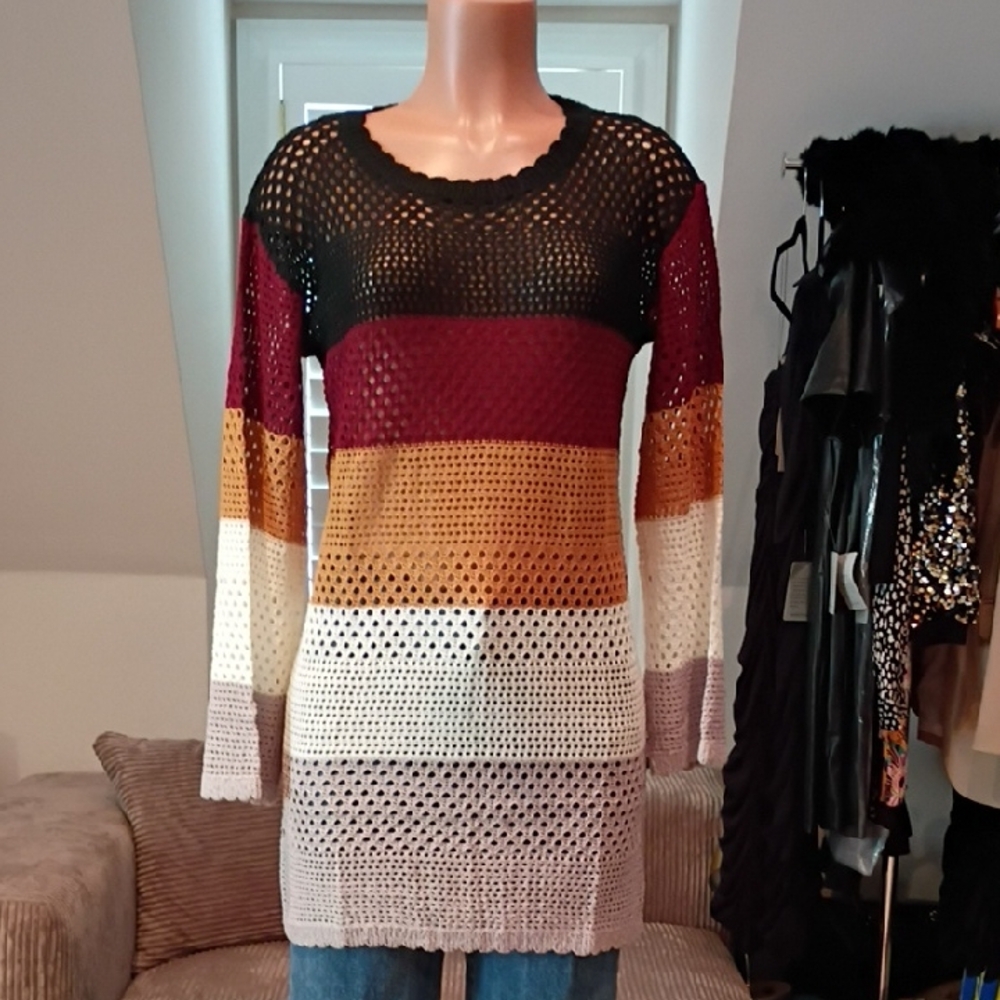 NEW Striped Open-Knit Sweater Tunic - Multicolor
